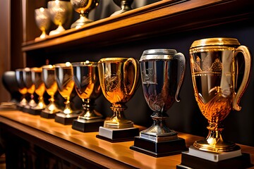 A row of gleaming trophies displayed on a shelf, showcasing achievements and awards in a well-organized manner.