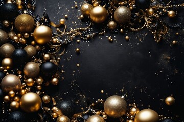 Black and Gold Christmas Baubles on Dark Background