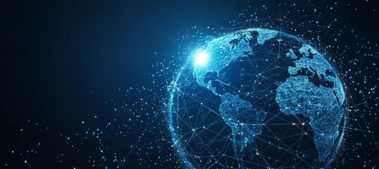 Fototapeta premium Abstract digital background with glowing network connections and a global map, symbolizing technology, connectivity, data transfer, and cyber security in a futuristic style