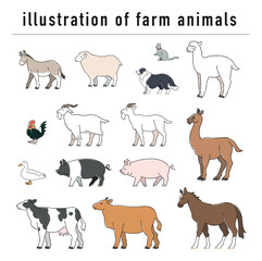 牧場の動物の手描きイラストセット