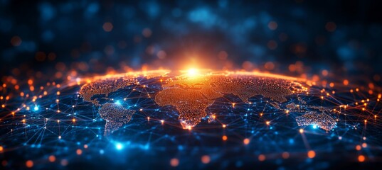 Abstract digital background with glowing network connections and a global map, symbolizing technology, connectivity, data transfer, and cyber security in a futuristic style