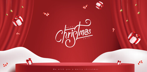 Merry Christmas banner with stage product display cylindrical shape and festive decoration for christmas