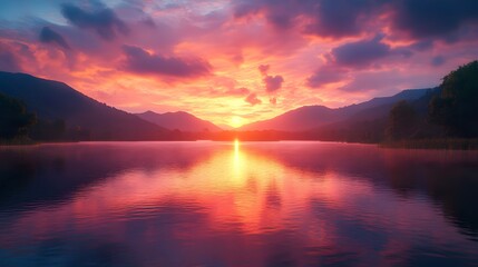 Serene Sunset Landscape with Mountains and Water Reflection - Illustration