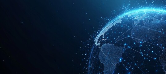 Obraz premium Abstract digital background with glowing network connections and a global map, symbolizing technology, connectivity, data transfer, and cyber security in a futuristic style
