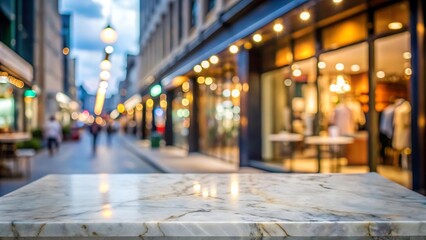 Fototapeta premium Empty marble tabletop or counter with display product with blured city, shop, outdoor background.