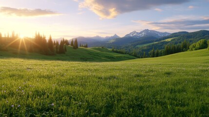 Fototapeta premium Tranquil Sunset at Lonely Meadow - A Calm and Serene Landscape