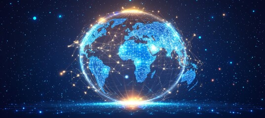 Abstract digital background with glowing network connections and a global map, symbolizing technology, connectivity, data transfer, and cyber security in a futuristic style