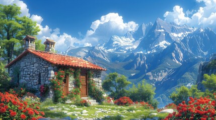 Fototapeta premium Charming stone cottage nestled in a picturesque mountain landscape with blooming flowers and lush