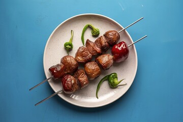 meat kebab with pepper on the plate, on blue background
