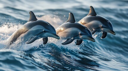 Three Dolphins Leaping Through a Wave