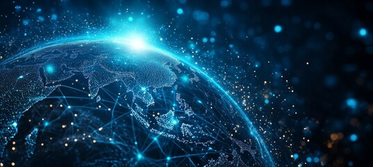 Obraz premium Abstract digital background with glowing network connections and a global map, symbolizing technology, connectivity, data transfer, and cyber security in a futuristic style