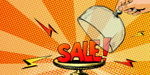 Open serving dome with text Sale! Pop art background for crazy sale, limited time discount offer, promotion or special deal off, Black Friday. Vector bright dynamic illustration in retro pop art style