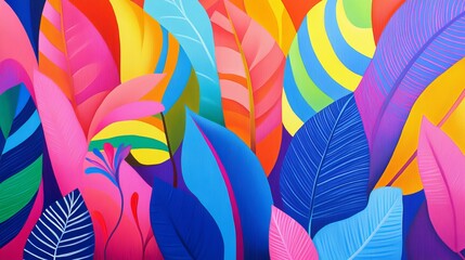 Vivid Botanical Harmony - Abstract Artistic Depiction of Lush Plants in Bright Colors