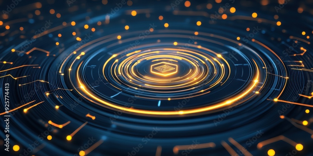 Poster abstract digital background featuring concentric circles and glowing elements, perfect for technolog