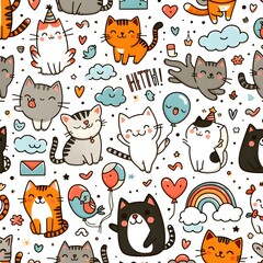 Cute Cartoon Cat Seamless Pattern with Rainbow, Hearts, and Stars