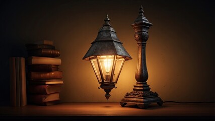 Close-up Of A Lamp Inside A House. The Bulb Is On And Generating Light