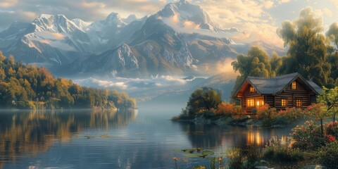Obraz premium Cozy Lakeside Cottage Nestled Amidst Autumnal Mountain Landscape