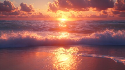 Golden Sunset Ocean Waves 3D Illustration