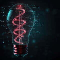 Obraz premium A glowing DNA helix inside the light bulb captures the essence of genetic innovation, biotechnology, and the pursuit of scientific discovery.