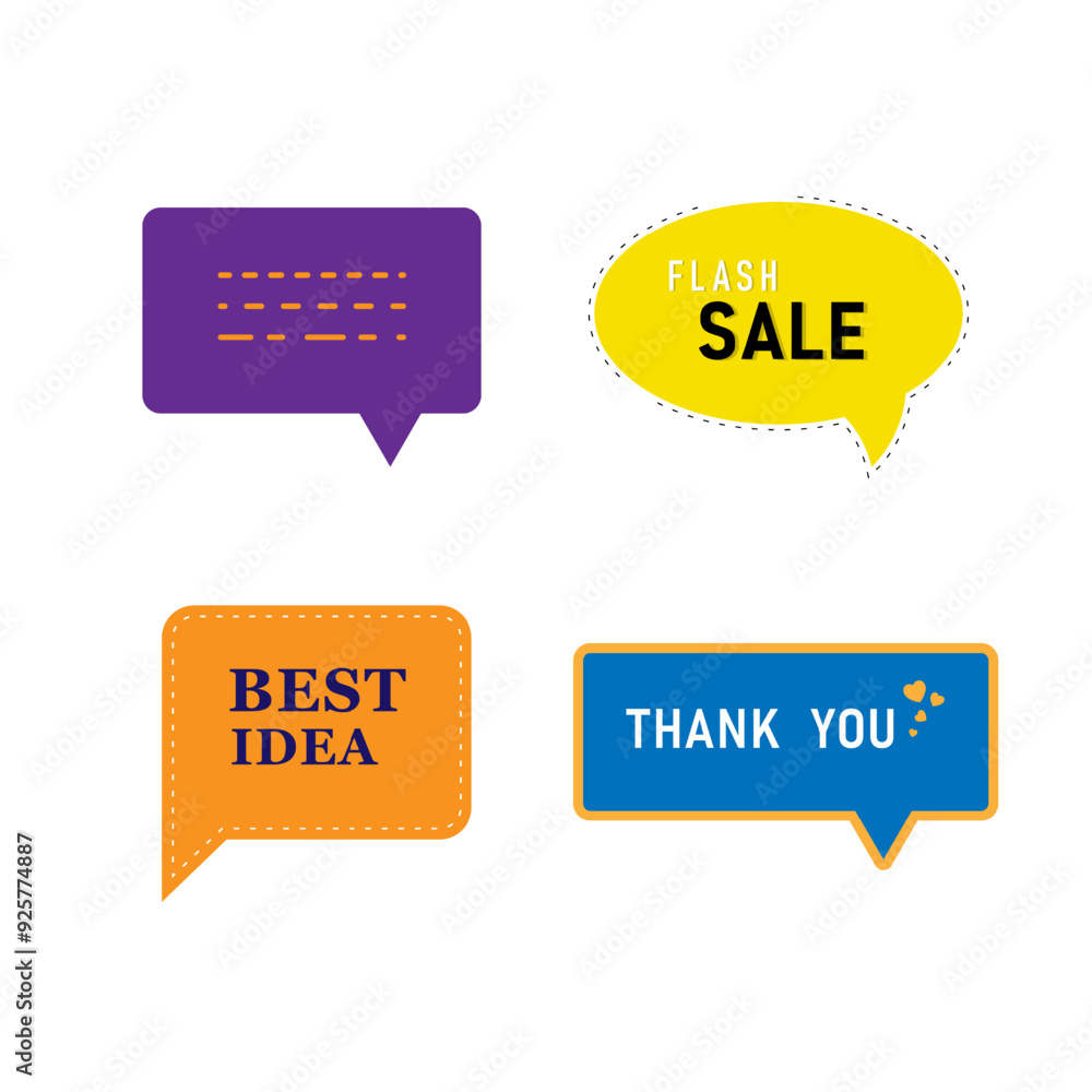 Poster abstract speech bubble set of geometric shapes many different colors with symbols and text on top.