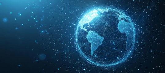 Obraz premium Abstract digital background with glowing network connections and a global map, symbolizing technology, connectivity, data transfer, and cyber security in a futuristic style