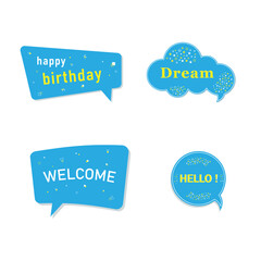 abstract speech bubble Geometric shapes in various blue shapes set Yellow and white top text and stars and elements.