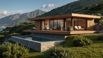 Naklejka premium modern bungalow in the mountains with a view of the sea