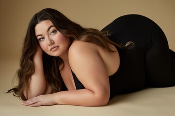 Naklejka premium A woman with long, flowing hair lays on a beige background, wearing a black outfit, looking at the camera with a subtle smile.