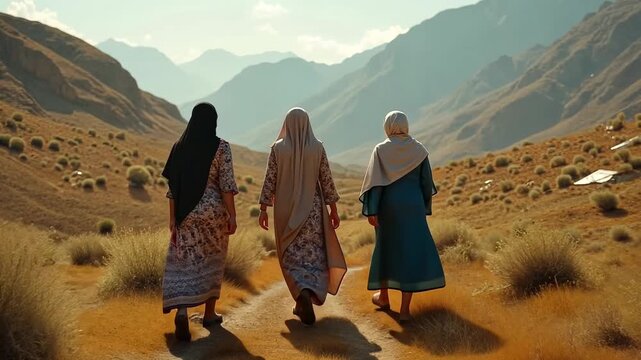 Three women wearing long robes walk down a dirt road in the desert. The women are dressed in traditional clothing and appear to be walking together