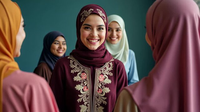 A group of women wearing colorful hijab are smiling at the camera. The women are all dressed in traditional clothing, and they appear to be happy and friendly