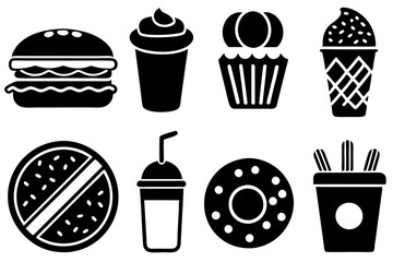 Different Food and Drink Icons: Sandwich, Hot Dog, Muffin, Taco, Smoothie, Doughnut, Cupcake - Vector Silhouette Illustration