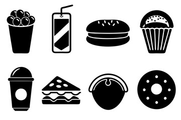 Different Food and Drink Icons: Sandwich, Hot Dog, Muffin, Taco, Smoothie, Doughnut, Cupcake - Vector Silhouette Illustration