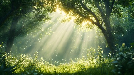 Sun Rays Through Forest Trees with Green Grass and Flowers Illustration