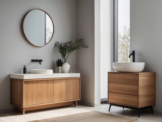 Modern Bathroom Vanity with Wooden Cabinets and a White Vessel Sink