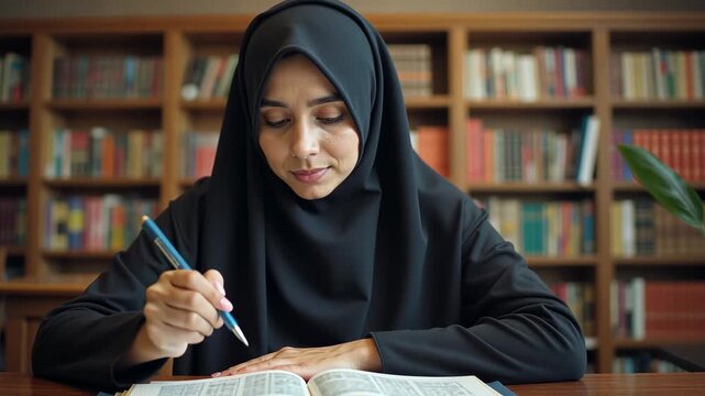 A woman wearing a black hijab is writing in a book. The book is open to a page with a blue pen on it. The woman is focused on her writing, and the scene suggests a quiet