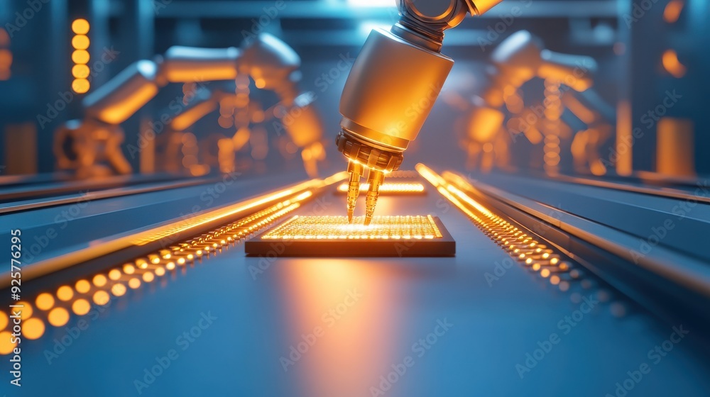 Poster close-up of an industrial robotic arm assembling electronic components in a futuristic factory with 