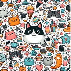 Cute Cat and Sweet Treats Seamless Pattern