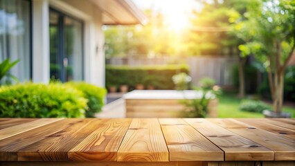Empty wooden tabletop or counter with display product. Blur image of town and city background with sunlight.
