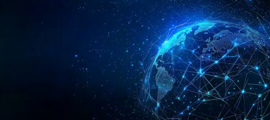 Obraz premium Abstract digital blue background with a glowing global network and internet connections on a dark blue backdrop, a technology concept. 