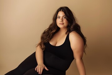 Naklejka premium A young woman with long brown hair, wearing a black tank top and leggings, sits on a light brown background.