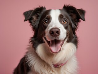 A Border Collie With Brown and White Fur Looking at the Camera with Its Mouth Open