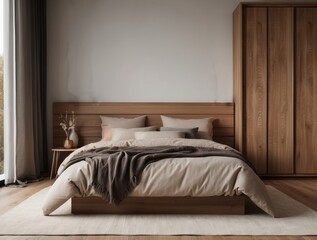 Minimalist Bedroom with Wooden Bed Frame and Closet