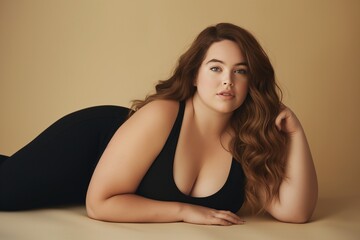 Naklejka premium Beautiful woman with long brown hair, lying on a beige background, looking at the camera.