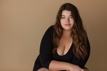 Obraz premium Confident woman with long brown hair wearing black top against a beige background.