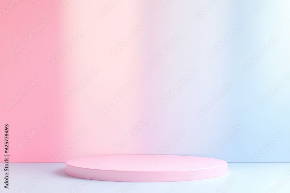 Poster pastel blue and pink gradient background with empty podium for product presentations or displays wit