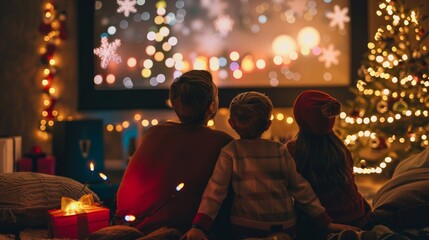 Obraz premium Family watching Christmas movie via projector in cosy room, back view. Christmas atmosphere