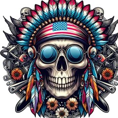 Skull in Native American Headdress with Sunglasses and American Flag Bandana