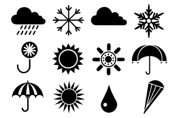 Weather Icons Set: Sun, Raincloud, Snowflake, Thunderbolt, Umbrella, Wind Gust, Weather Vane Silhouette Vector Illustration