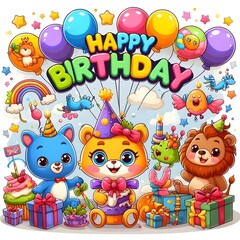 Fototapeta premium Cute Cartoon Animals Celebrating a Birthday with Balloons and Cake