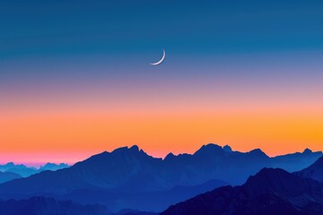 Crescent Moon Rising Over Silhouetted Mountains at Dusk, Warm Sunset Glow Over Mountain Range